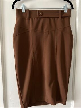 Women's Brown Pencil Skirt with Waistband Button